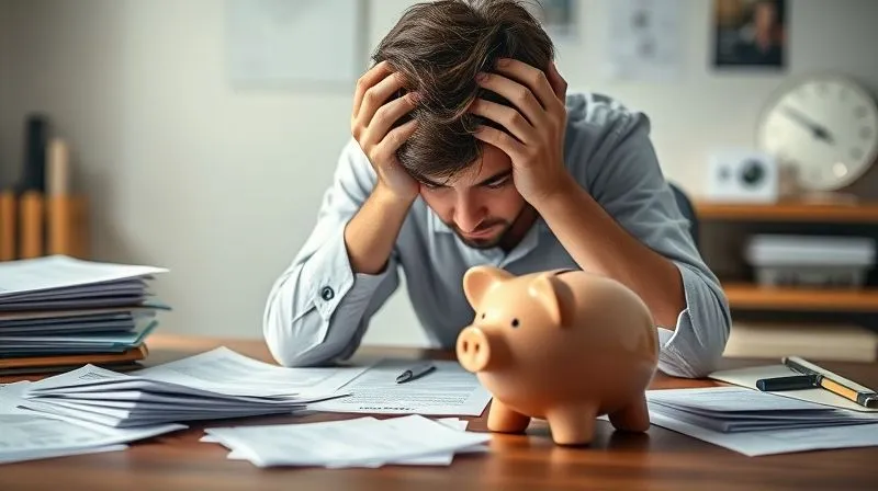 Photorealistic, professional photography, 8K, cinematic lighting, sharp focus, depth of field. A young adult sits at a desk, head in hands, surrounded by scattered student loan documents and a small piggy bank representing a down payment, conveying financial stress and the overwhelming feeling of balancing debt with savings goals.
