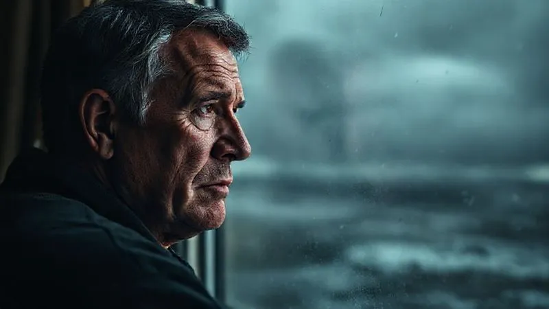 photorealistic, professional photography, 8K, cinematic lighting, sharp focus, depth of field, shot on a high-end DSLR, a solitary figure with a thoughtful, burdened expression, looking out a window at a stormy landscape, symbolizing the heavy emotional weight of legacy decisions and family estrangement. The focus is on the figure's pensive face, with the storm blurred in the background.