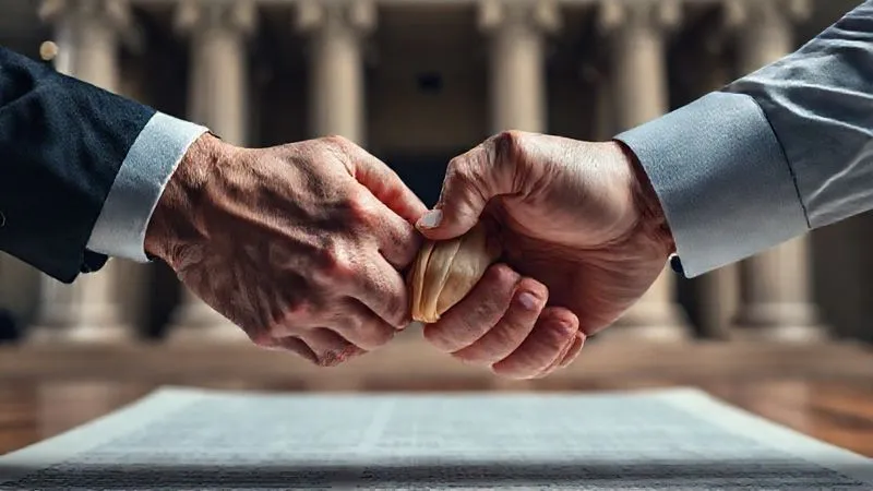 photorealistic, professional photography, 8K, cinematic lighting, sharp focus, depth of field, shot on a high-end DSLR, two hands locked in a strenuous tug-of-war over a scroll of parchment, symbolizing a legal battle or will contest, with blurred courthouse pillars in the background, conveying tension and high stakes. The lighting emphasizes the struggle and determination.
