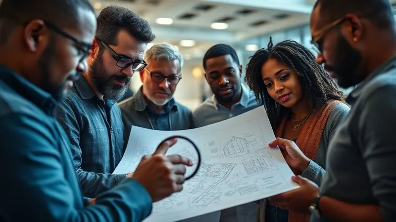 A photorealistic image of a detailed blueprint being meticulously examined by a diverse group of community leaders and an investor, with a magnifying glass highlighting specific sections. The setting is a bright, modern community center, 8K, cinematic lighting, sharp focus on the blueprint, depth of field blurring the background, shot on a high-end DSLR.