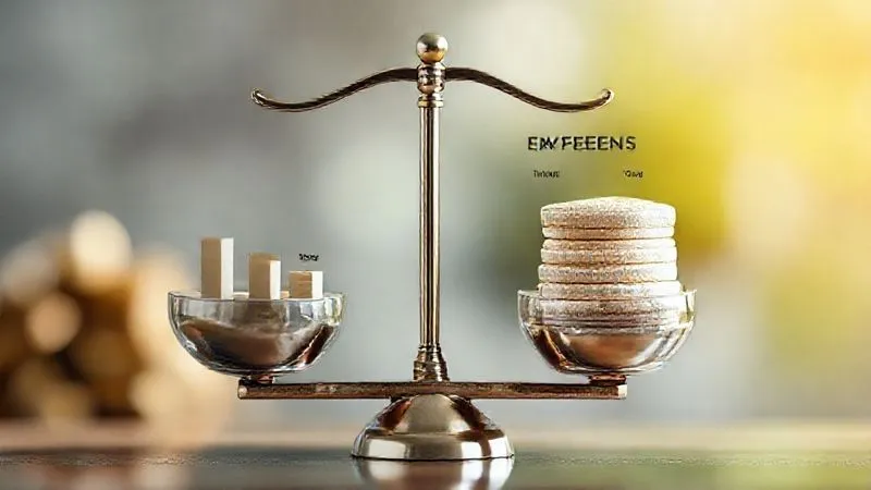 A photorealistic infographic showing a balanced financial scale, with income weights on one side and categorized expenses (fixed, variable, savings, debt) on the other. The scale is perfectly balanced, symbolizing financial stability. Professional photography, 8K, cinematic lighting, sharp focus on the scale, depth of field blurring the background, shot on a high-end DSLR.