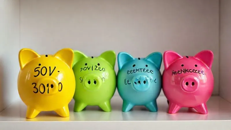 A photorealistic image of four distinct, brightly colored piggy banks, each labeled with a different budgeting method (e.g., '50/30/20', 'Zero-Based', 'Envelopes', 'Paycheck Plus'), arranged on a clean, modern shelf. The background is softly blurred, suggesting a home office setting. Professional photography, 8K, cinematic lighting, sharp focus on the piggy banks, depth of field, shot on a high-end DSLR.