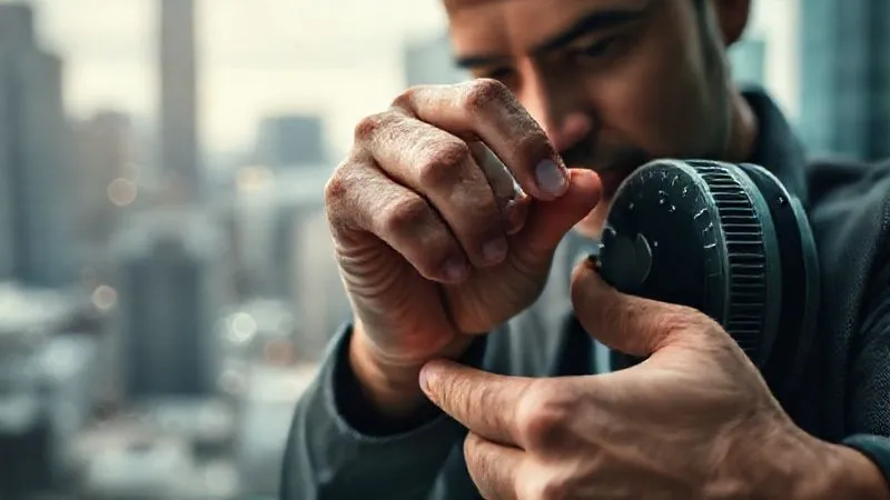 A photorealistic image of a person carefully adjusting a financial dial or gauge, with a calm and focused expression, symbolizing adaptability and control in the face of changing circumstances. The background shows a blurry cityscape, representing the unpredictable nature of life. Professional photography, 8K, cinematic lighting, sharp focus on the hands and dial, depth of field, shot on a high-end DSLR.