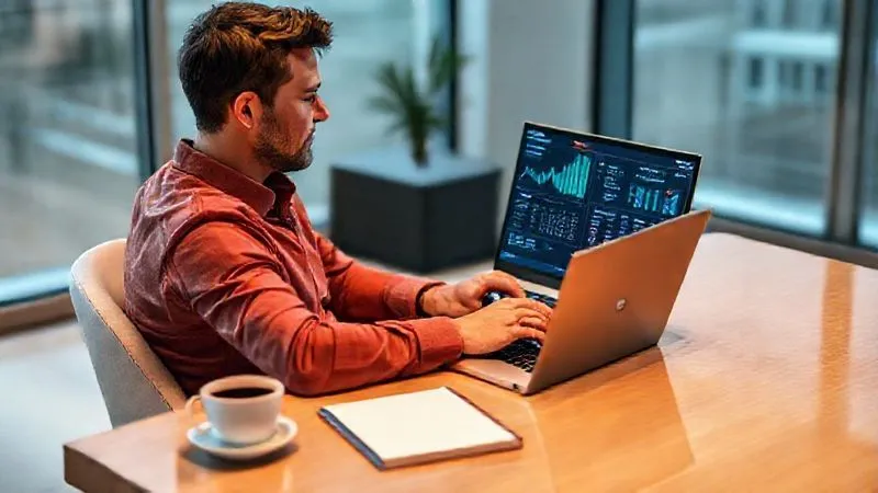 A photorealistic image of a person sitting comfortably at a modern desk, thoughtfully reviewing financial data on a laptop screen, with a cup of coffee and a small notebook nearby. The atmosphere is calm and focused, suggesting a monthly financial review. Professional photography, 8K, cinematic lighting, sharp focus on the person and laptop, depth of field blurring the background, shot on a high-end DSLR.