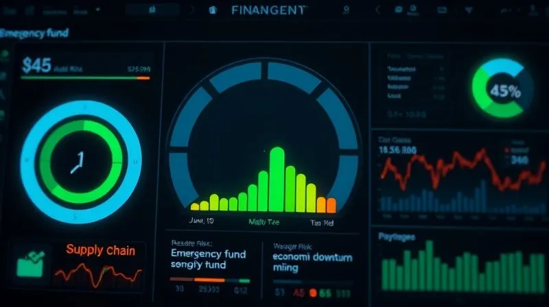 photorealistic, professional photography, 8K, cinematic lighting, sharp focus, depth of field, shot on a high-end DSLR, a clear, glowing financial target overlaid on a digital dashboard, with a progress bar showing an emergency fund building up, surrounded by various risk indicators (supply chain, economic downturn) that are being mitigated, futuristic and secure feel.