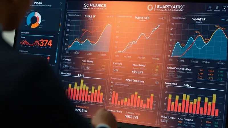 photorealistic, professional photography, 8K, cinematic lighting, sharp focus, depth of field, shot on a high-end DSLR, a detailed financial dashboard displaying multiple 'what-if' scenarios with different projected cash flow curves, risk indicators, and recovery timelines, representing business scenario planning and stress testing, analytical and futuristic.