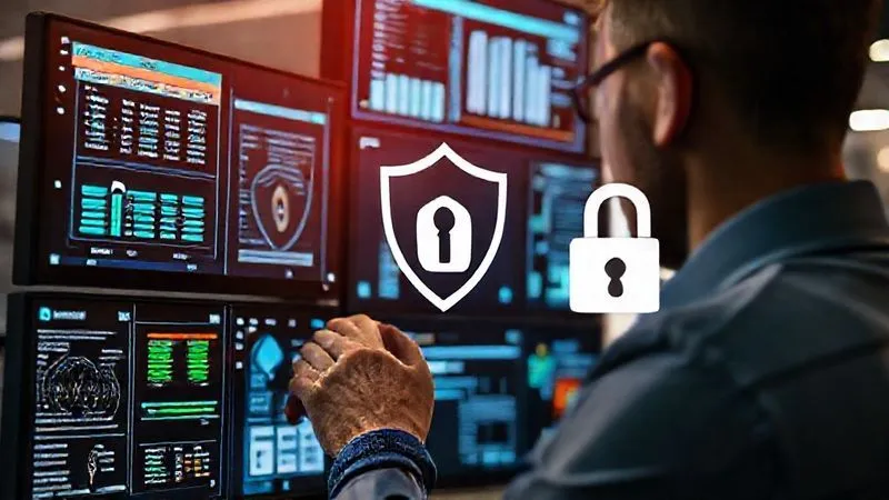 A photorealistic image showing a person diligently checking multiple digital screens displaying banking apps and credit reports, with security icons like a shield and padlock superimposed, symbolizing proactive financial protection. Professional photography, 8K, cinematic lighting, sharp focus on the screens, depth of field blurring the background.