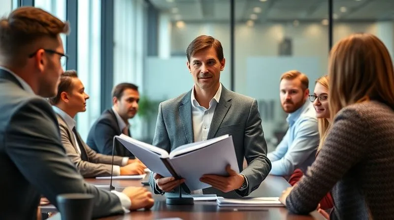 Photorealistic image of a professional in a modern office, calmly and confidently presenting a binder of documents to a diverse licensing board panel. The professional maintains eye contact, conveying transparency and control. Cinematic lighting, sharp focus on the interaction, depth of field blurring the background, 8K hyper-detailed, shot on a high-end DSLR.