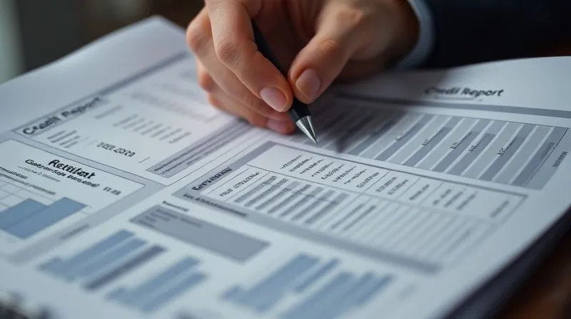 A photorealistic close-up of a person's hands meticulously reviewing sections of a complex credit report document, highlighting key figures and dates with a pen. Professional photography, 8K, cinematic lighting, sharp focus on the document, depth of field blurring the background, shot on a high-end DSLR.