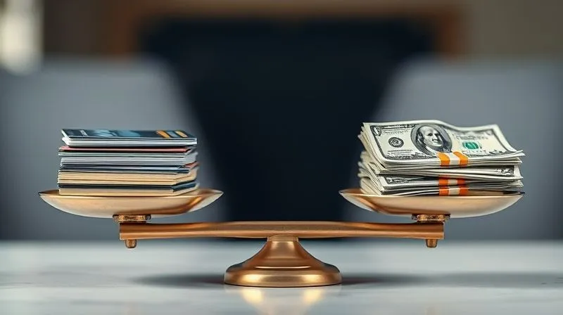 A photorealistic visual metaphor of balanced scales. On one side, a stack of credit cards and a small pile of debt symbols. On the other side, a larger pile of cash and a 'debt reduction' symbol, perfectly balanced. Professional photography, 8K, cinematic lighting, sharp focus on the scales, depth of field blurring the background, shot on a high-end DSLR.