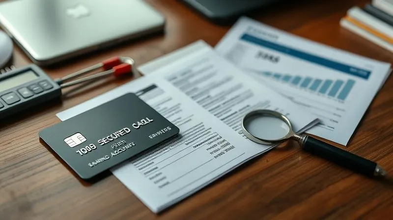 A photorealistic arrangement of diverse financial tools and documents: a sleek secured credit card, a small, official-looking loan document with a signature line, a savings account passbook, and a credit score report showing an upward trend, all neatly organized on a polished wooden desk. Professional photography, 8K, cinematic lighting, sharp focus on the tools, depth of field blurring the background, shot on a high-end DSLR.