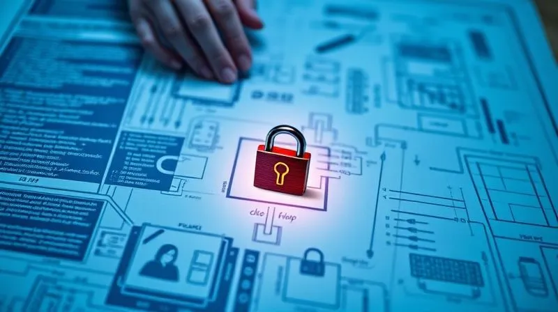 A photorealistic, professional photography, 8K, cinematic lighting, sharp focus, depth of field, shot on a high-end DSLR of a blueprint overlayed with digital code and a small, secure padlock icon, symbolizing privacy by design in software development, with hands subtly sketching on the blueprint in the background.