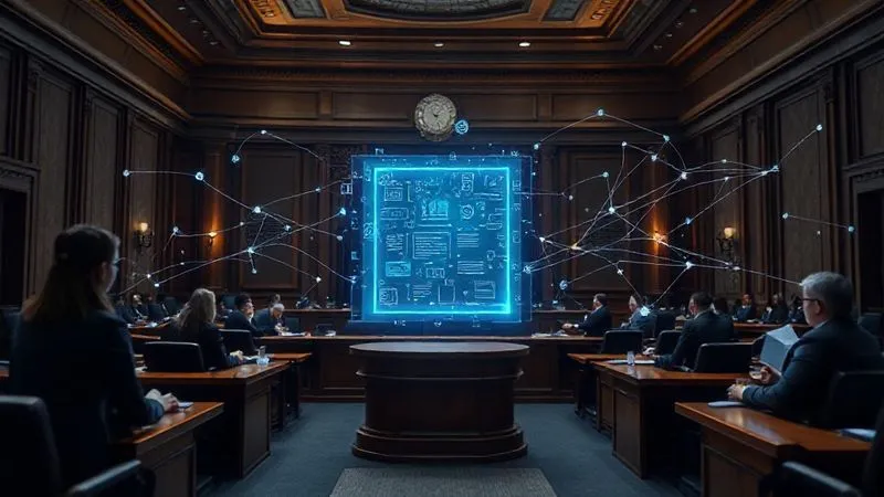 A photorealistic image of a futuristic courtroom with holographic legal documents and blockchain network lines integrated into the architecture, symbolizing the evolving legal landscape of digital contracts. A diverse group of legal and tech professionals are collaborating, with cinematic lighting, sharp focus on the central holographic display, depth of field blurring the background. 8K hyper-detailed, professional photography, shot on a high-end DSLR.