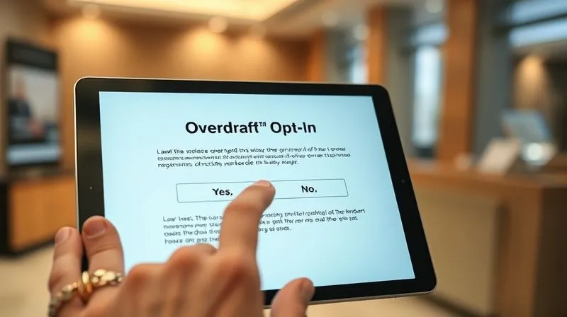 Photorealistic, professional photography, 8K, cinematic lighting, sharp focus, depth of field, shot on a high-end DSLR. A clean, modern digital form on a tablet screen clearly showing an 'Overdraft Opt-In' section with distinct 'Yes, I opt-in' and 'No, I decline' buttons, surrounded by concise, easy-to-read legal text. A hand is poised to tap 'Yes'. The background is a soft, inviting bank environment.