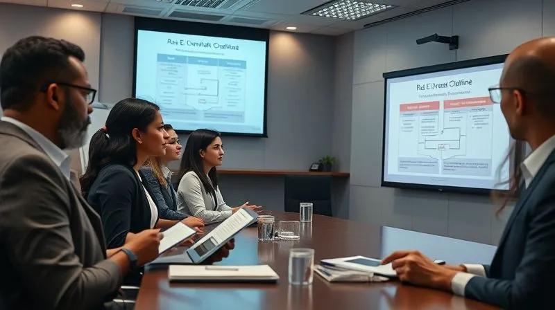 Photorealistic, professional photography, 8K, cinematic lighting, sharp focus, depth of field, shot on a high-end DSLR. A diverse group of bank employees (tellers, customer service reps) actively engaged in a modern training room, listening intently to an instructor who is pointing at a projection of 'Reg E Overdraft Compliance Flowchart'. The atmosphere is collaborative and serious, with notebooks and tablets open.