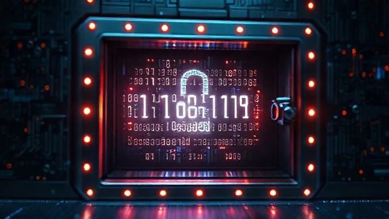 A photorealistic image of a secure digital vault with glowing binary code, representing protected digital assets, futuristic, 8K, cinematic lighting, sharp focus, depth of field