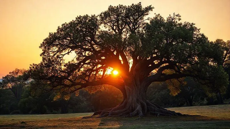 A photorealistic image of a sturdy, ancient oak tree with deep roots, standing strong against a serene sunset, symbolizing lasting legacy and security, professional photography, 8K, cinematic lighting, sharp focus, depth of field