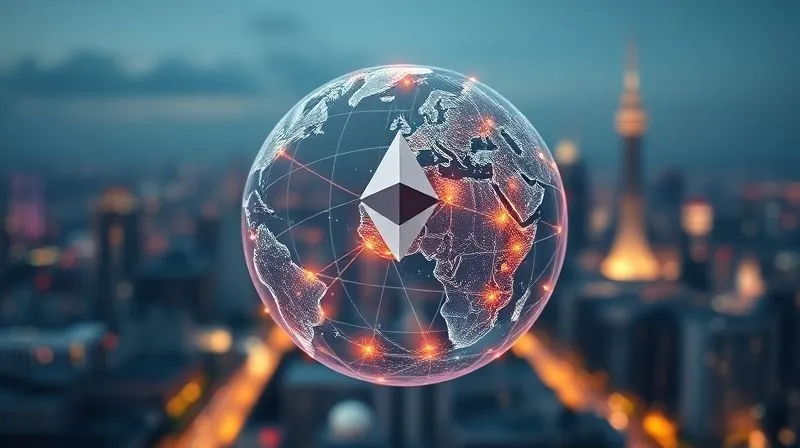 A photorealistic image of a futuristic, transparent digital globe with interconnected data streams and glowing nodes, representing global adoption of the Ethereum blockchain. A subtle 'ETH' symbol is integrated into the globe's core. Cinematic lighting, deep shadows, 8K hyper-detailed, sharp focus on the globe, depth of field blurring a distant cityscape, professional photography, shot on a high-end DSLR, conveying a sense of global impact and future technology.