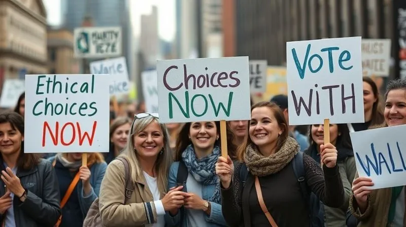 A photorealistic image of a diverse group of people, young and old, holding up simple, hand-painted signs with messages like 'Ethical Choices Now' and 'Vote With Your Wallet' during a peaceful, organized demonstration. They are smiling and engaged, with a blurred cityscape in the background. Cinematic lighting, sharp focus on the people, depth of field, 8K hyper-detailed, shot on a high-end DSLR.