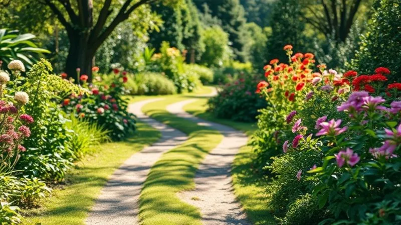 A photorealistic image of a winding, well-trodden path leading through a lush, vibrant garden under soft, dappled sunlight. The path symbolizes a journey, with various plants and flowers in bloom, suggesting growth and beauty. Sharp focus on the path ahead, depth of field blurring the surrounding foliage, 8K hyper-detailed, shot on a high-end DSLR.