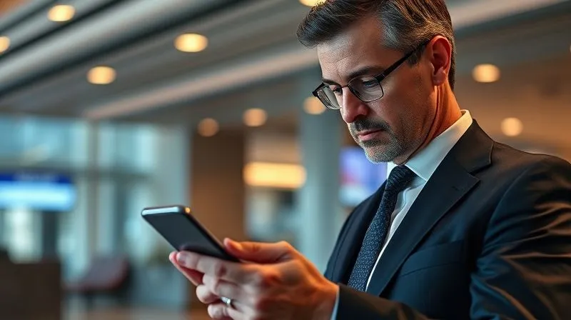 A photorealistic image of a business traveler, mid-40s, smartly dressed in a suit, intently focused on a travel booking app on their smartphone. The screen displays various hotel options with prices. The background is a subtly blurred modern airport lounge or hotel lobby. Professional photography, 8K, cinematic lighting, sharp focus on the phone and face, depth of field.
