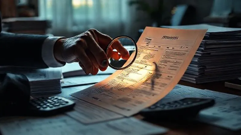 A photorealistic image of a professional's hand meticulously examining a complex credit report document with a glowing magnifying glass, surrounded by stacks of financial papers and a calculator, in a dimly lit, focused office setting, cinematic lighting, sharp focus on the document and hand, depth of field blurring the background, 8K hyper-detailed.