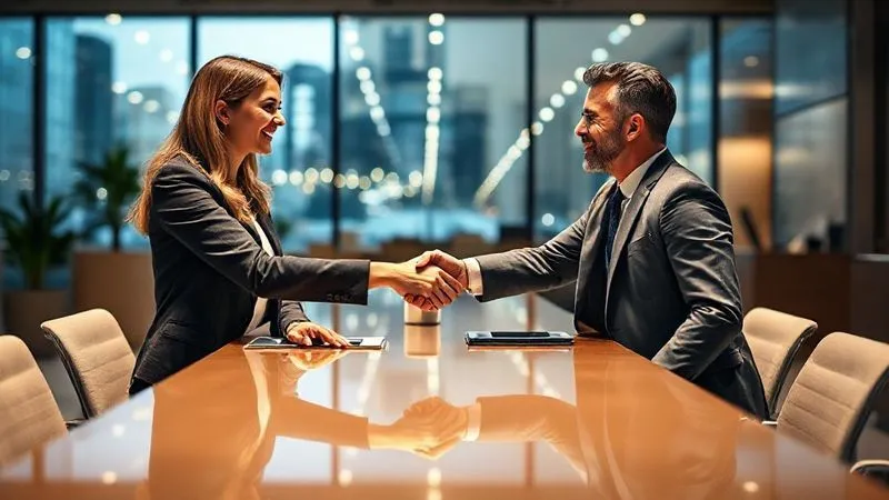 A photorealistic image of a successful professional (e.g., a female architect or male doctor) confidently shaking hands with a friendly loan officer across a polished desk in a modern bank office, with a subtle backdrop of city lights through a large window. The atmosphere is optimistic and professional, with cinematic lighting, sharp focus on the handshake and faces, depth of field blurring the background, 8K hyper-detailed.