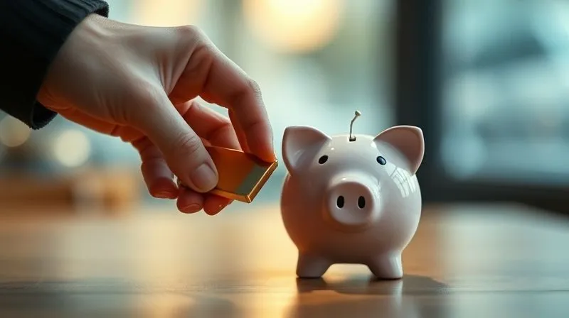 A photorealistic image of a person's hand reaching for a luxury item, while in the background, out of focus, a small crack appears on a piggy bank, symbolizing the subtle erosion of savings due to lifestyle creep. Cinematic lighting, sharp focus on the hand and item, depth of field, 8K, professional photography.