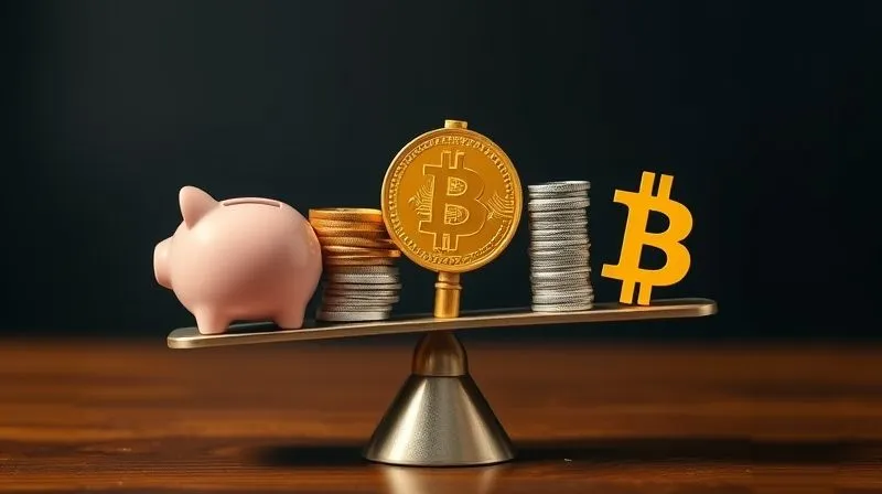 A photorealistic image of several different financial symbols (a piggy bank, a stack of bills, a gold coin, a digital currency symbol) arranged on a balance scale, with one side slightly heavier, symbolizing the diversification of an emergency fund. Cinematic lighting, sharp focus, depth of field, 8K, professional photography.
