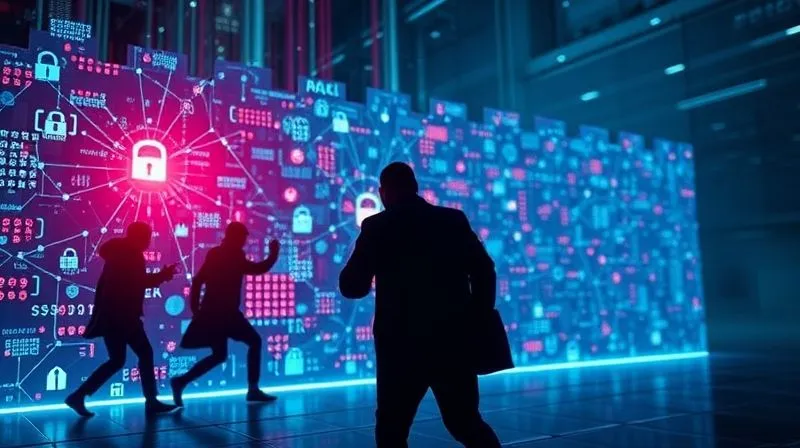A photorealistic, professional photography, 8K, cinematic lighting, sharp focus, depth of field, shot on a high-end DSLR of a menacing digital threat represented by shadowy figures attempting to breach a glowing, intricate digital fortress wall, symbolizing cyberattackers targeting financial systems. The fortress is made of interconnected data points and security icons.