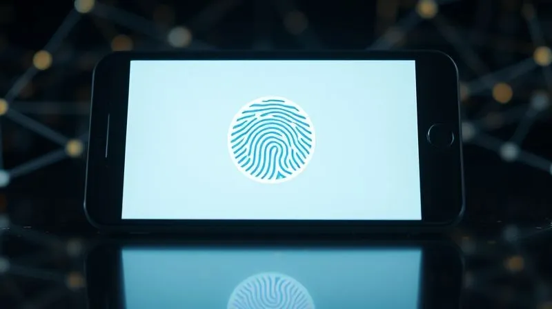 A photorealistic, professional photography, 8K, cinematic lighting, sharp focus, depth of field, shot on a high-end DSLR of a smartphone screen displaying a fingerprint scan in progress, with a subtle glow around the fingerprint icon. In the background, abstract digital lines and nodes connect, symbolizing secure data transmission and biometric authentication.