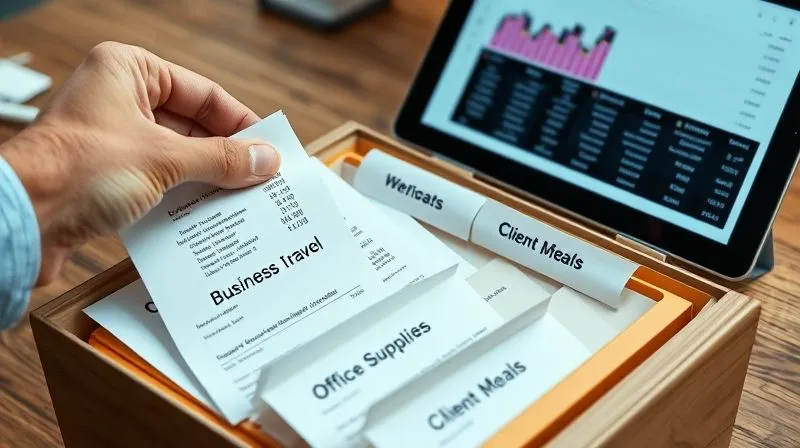 A professional hand sorting physical receipts into clearly labeled folders for 'Business Travel', 'Office Supplies', 'Client Meals', with digital expense categories visible on a tablet in the background, showing a financial dashboard, photorealistic, cinematic lighting, 8K, shot on DSLR.