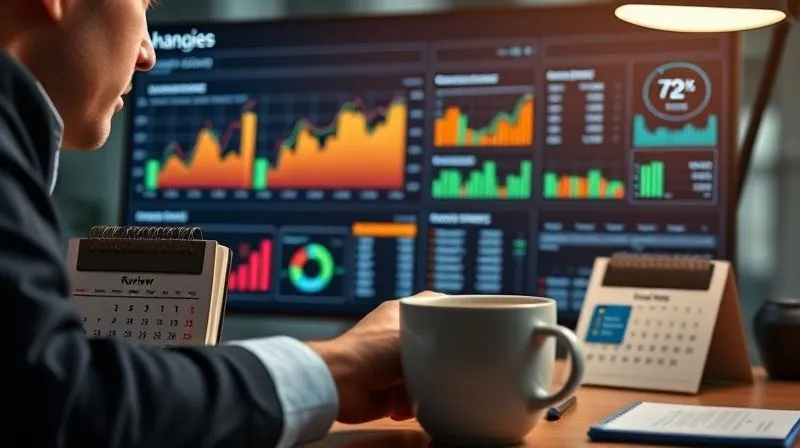 A busy professional, mid-focus, reviewing a digital dashboard showing financial trends and expense categories, with a calendar marked for 'Quarterly Review' and a coffee cup on the desk, photorealistic, professional photography, 8K, cinematic lighting, sharp focus, depth of field, shot on a high-end DSLR.