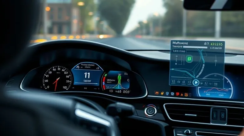 A sleek, modern car dashboard with a GPS displaying a business route, and a digital mileage tracking app interface overlaid, symbolizing advanced expense tracking for professionals, photorealistic, professional photography, 8K, cinematic lighting, sharp focus, depth of field, shot on a high-end DSLR.