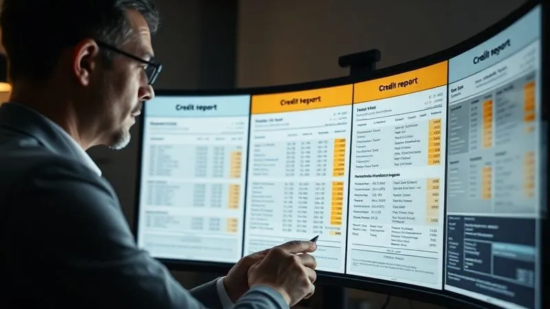 Photorealistic image of a professional, focused and determined, meticulously scrutinizing a complex digital credit report on a large monitor, with highlighted sections indicating errors. The room is dimly lit, emphasizing the glowing screen, 8K, cinematic lighting, sharp focus, depth of field.