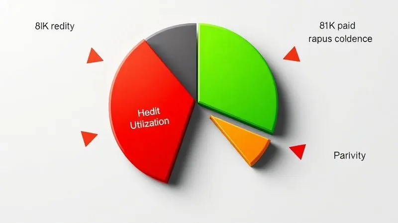 A photorealistic infographic showing a pie chart visually representing credit utilization, with a large red slice for 'High Utilization' shrinking to a small green slice for 'Low Utilization'. Arrows indicate rapid improvement, 8K, cinematic lighting, sharp focus.