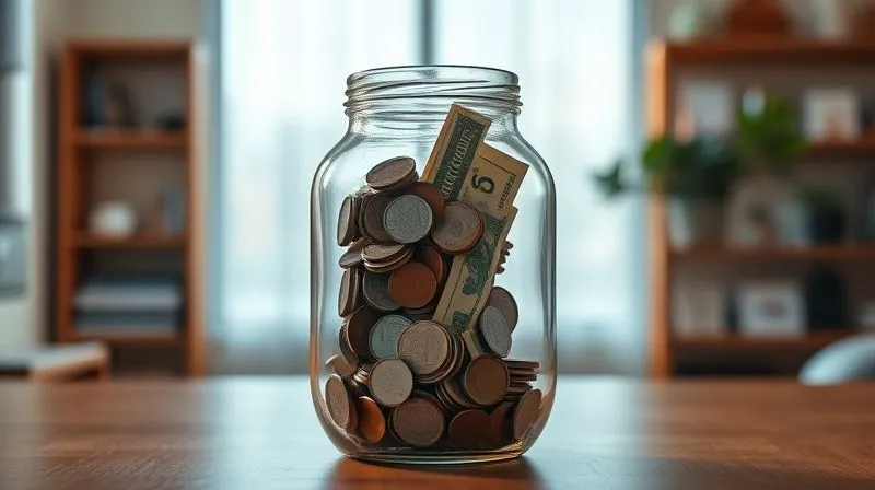 photorealistic, professional photography, 8K, cinematic lighting, sharp focus, depth of field, shot on a high-end DSLR. A clear glass jar or pot, visibly filling with coins and banknotes, representing savings and an emergency fund. The background is a clean, modern home office or financial planning setting, with a subtle glow around the jar, symbolizing growth and security. The lighting is warm and encouraging.