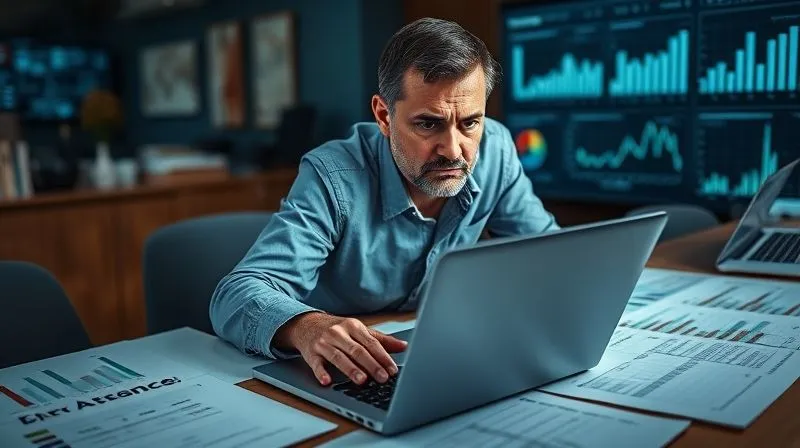A photorealistic image of a business professional, mid-40s, intensely focused on a laptop screen displaying complex financial dashboards and charts, with physical documents spread across a large desk. The lighting is sharp, emphasizing the data, with a serious but determined expression. 8K, cinematic lighting, sharp focus, depth of field, shot on a high-end DSLR.
