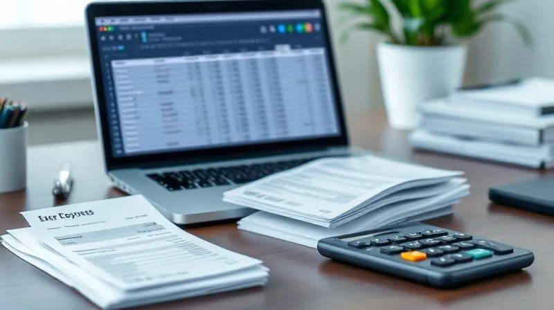 A photorealistic image of a neatly organized desk with a laptop displaying a spreadsheet of categorized expenses, a stack of digital receipts, and a calculator. The scene has soft, professional lighting, sharp focus on the documents, and a shallow depth of field, conveying financial order and efficiency.