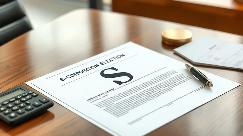 A photorealistic image of a legal document or certificate with a stylized 'S' logo, symbolizing an S-Corporation election, placed on a polished wooden desk next to a calculator and a pen, with a blurred background of a modern office. The lighting is professional and clear, emphasizing the importance of legal structure.