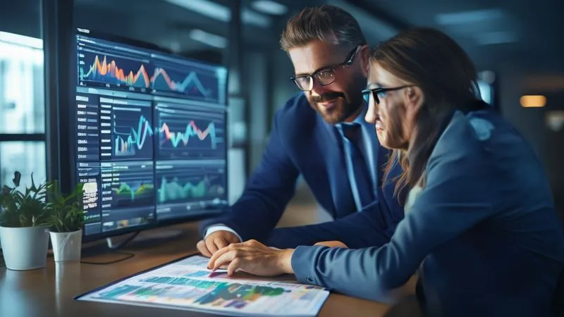 A photorealistic image of a financial advisor and a client collaboratively reviewing a multi-screen digital dashboard showing integrated financial plans, projections, and market data. The atmosphere is professional and forward-looking. professional photography, 8K, cinematic lighting, sharp focus on the dashboard and their engaged expressions, depth of field blurring the office background, shot on a high-end DSLR.