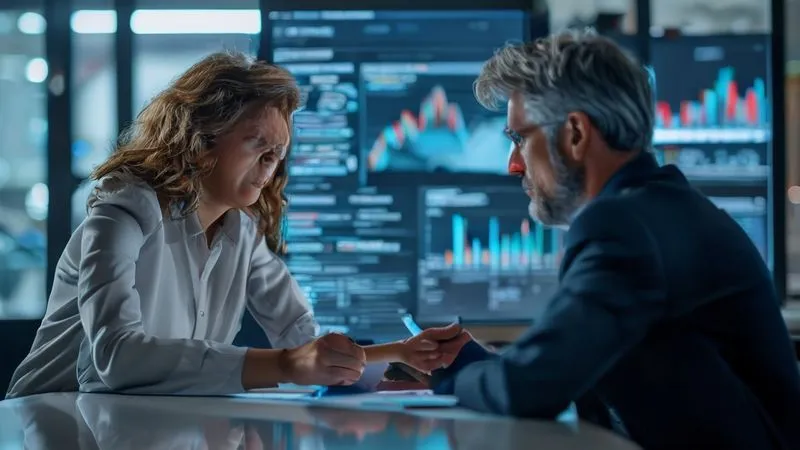 A photorealistic image of a financial advisor and a client sitting across from each other, both looking at a large, transparent digital screen displaying a personalized financial dashboard. The advisor points to a specific data point while maintaining eye contact with the client, symbolizing the blend of technology and human interaction. professional photography, 8K, cinematic lighting, sharp focus, depth of field, shot on a high-end DSLR.