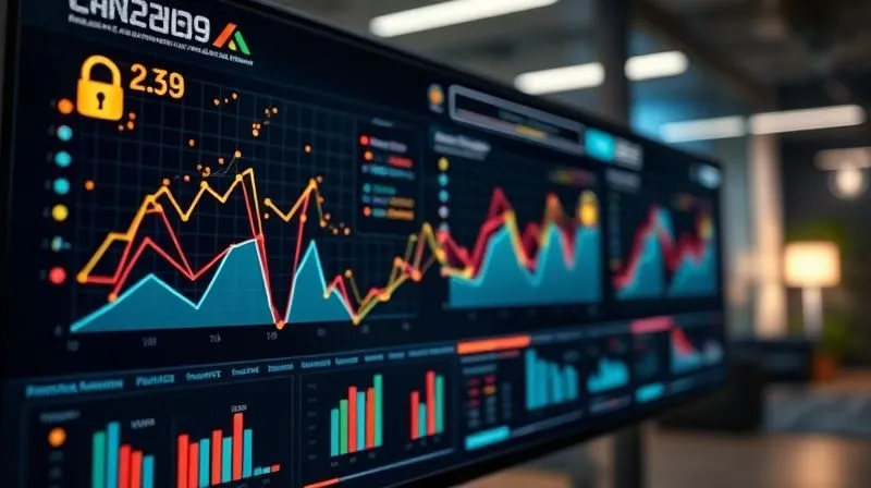 A photorealistic depiction of a sophisticated AI dashboard displaying complex financial data visualizations, such as heatmaps of spending patterns and predictive analytics graphs. The data is abstract and anonymized, represented by glowing, interconnected nodes and lines rather than identifiable figures. A subtle, secure lock icon is visible in the corner of the screen. Cinematic lighting, sharp focus on the dashboard, depth of field blurring a modern office background, 8K hyper-detailed.