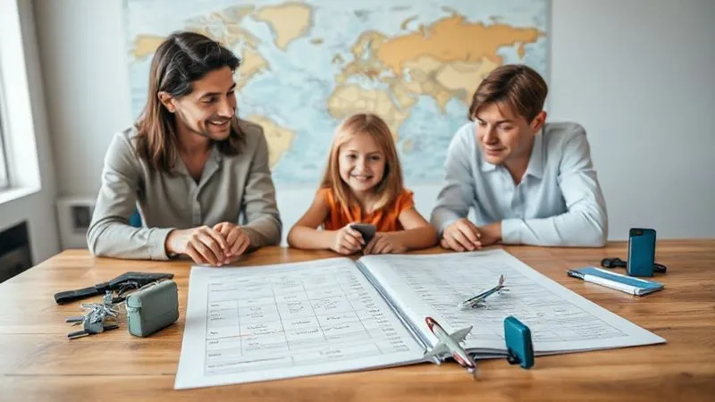 A photorealistic, professional photography, 8K, cinematic lighting, sharp focus, depth of field, shot on a high-end DSLR image of a family (parents and two children) sitting around a large, open travel planner on a wooden table, highlighting flight and accommodation dates. A world map is subtly blurred in the background, and small travel-related icons like planes and suitcases are scattered on the table, symbolizing meticulous early planning and organization. The scene is bright and optimistic, suggesting successful preparation.