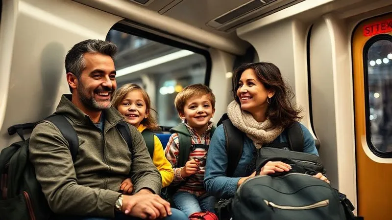 A photorealistic, professional photography, 8K, cinematic lighting, sharp focus, depth of field, shot on a high-end DSLR image of a happy multi-generational family (parents, two children, and perhaps a grandparent) riding a clean, modern subway train in a European city. They are looking out the window, smiling, with backpacks and small luggage. The interior of the train is well-lit, and the city lights are blurred outside the window, symbolizing efficient and enjoyable public transportation during family travel.
