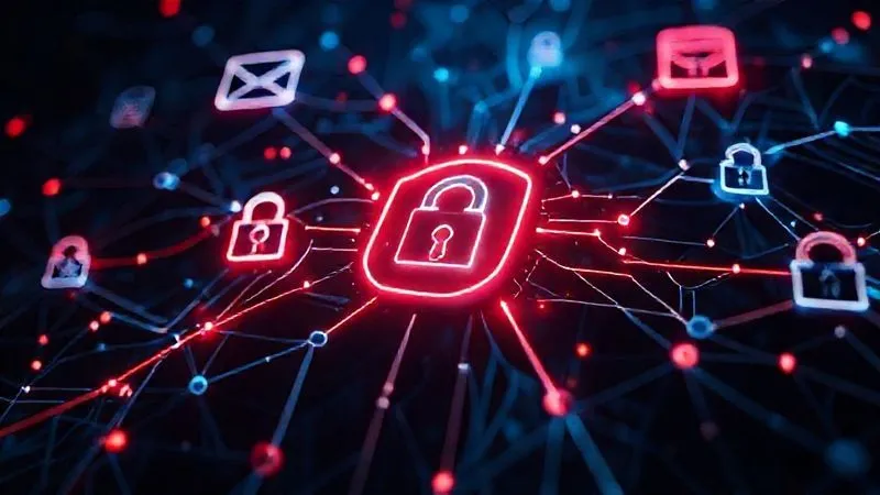A photorealistic, highly detailed digital representation of a complex cybersecurity threat landscape. Abstract glowing lines and nodes connect various digital attack vectors like phishing emails, ransomware locks, and dark web marketplaces, all converging on a stylized, vulnerable 'data vault' icon. The background is a dark, tech-inspired neural network. Professional photography, 8K, cinematic lighting, sharp focus, depth of field, shot on a high-end DSLR.