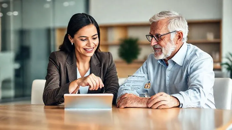 A photorealistic, warm image of a diverse financial advisor (mid-30s, professional attire, empathetic expression) sitting across a table from an older client (mid-60s, engaged and attentive). The advisor is gently pointing to a tablet screen displaying simple, clear cybersecurity tips, with a secure lock icon visible. The setting is a modern, clean office. Professional photography, 8K, cinematic lighting, sharp focus on the advisor and client, depth of field blurring the background, shot on a high-end DSLR.