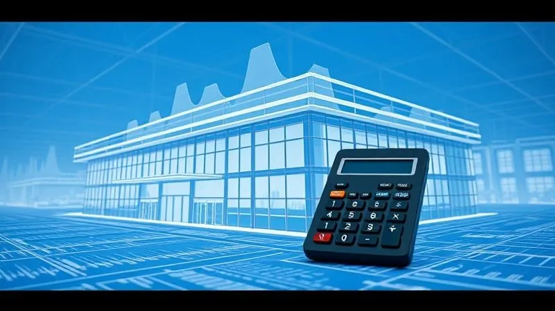 A photorealistic blueprint of a commercial building overlaid with financial graphs and a calculator, cinematic lighting, sharp focus, depth of field, 8K hyper-detailed, shot on a high-end DSLR.