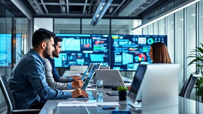 A photorealistic image of a sleek, modern office environment with a diverse team collaborating seamlessly, using various digital tools on screens, representing streamlined operations and efficiency. Cinematic lighting, 8K hyper-detailed, professional photography, sharp focus on the team, depth of field blurring the background.