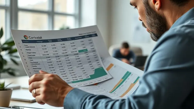 A photorealistic image of a person meticulously reviewing a complex spreadsheet filled with financial data, highlighting cost savings and budget optimizations, with a focused and analytical expression. The setting is a modern, minimalist office with soft, natural light, cinematic lighting, 8K hyper-detailed, professional photography.